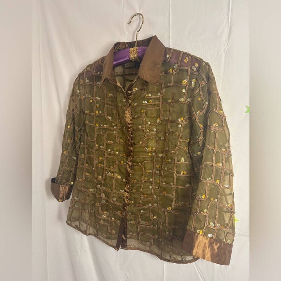 90’s VTG Satin Sequin Semi Sheer Textured Brown Gold Women’s Button Down Size M - Picture 9 of 14